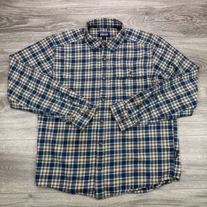 Patagonia Fjord Flannel Shirt Men Medium Navy Blue Plaid Long Sleeve Lightweight